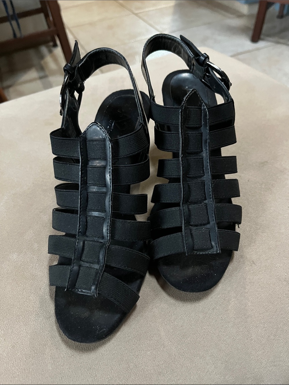 Women's Black Strappy Block Heel Sandals with Ankle Buckle